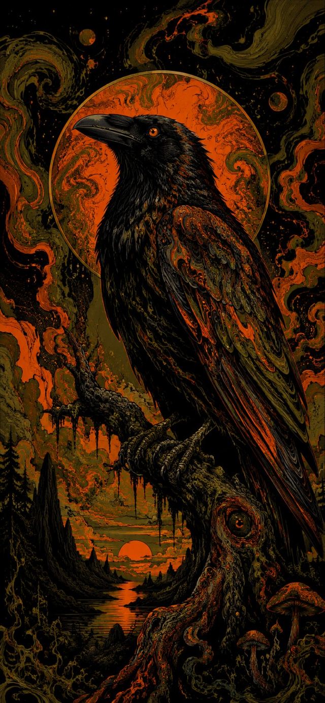 The Black Raven perched at sundown